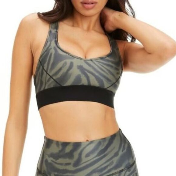 GOOD AMERICAN (Size 1 aka Small) Sea Turtle Zebra Sports Bra Black Green - Picture 1 of 9